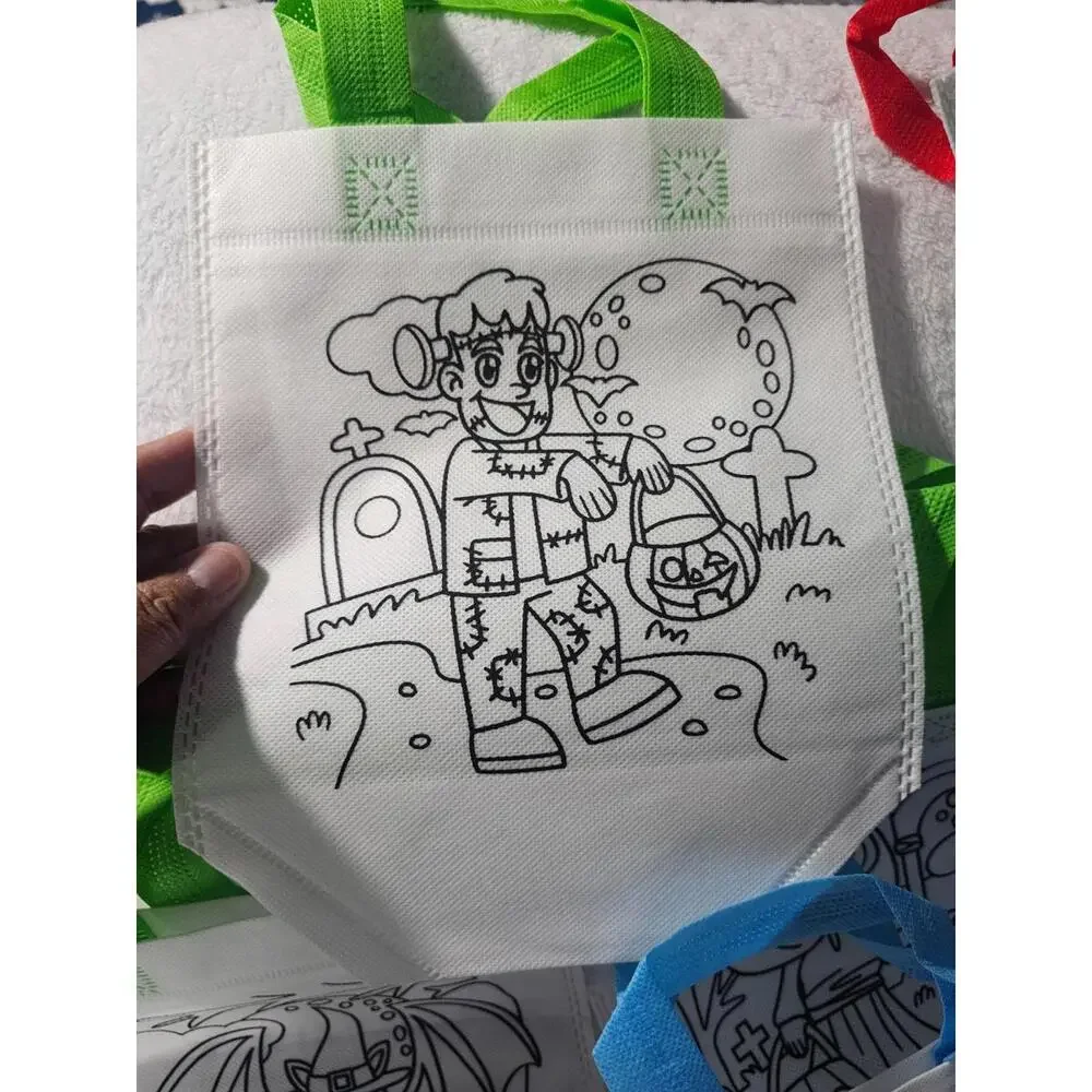 (14 pc) New Halloween Painting Tote Bags Coloring With Handle Candy Small 9.5